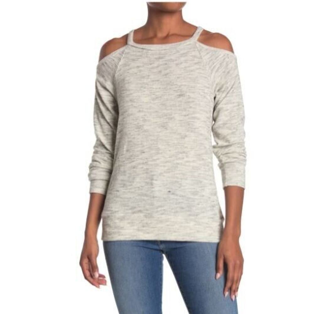 Go Couture Women's Cold Shoulder Knit Sweatshirt in Slate Small MSRP $148